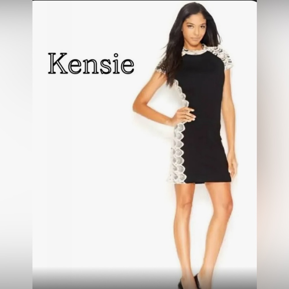 Kensie Women's Scoop Neck Lace Overlay Pencil Dress Black White